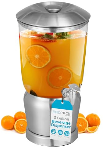 BIRDROCK HOME Dispensador de bebidas de acero inoxidable de 3 galones con recipiente de hielo, espiga, redondo, jarra de agua y té de sangría de limonada, fiestas en casa, acrílico transparente sin