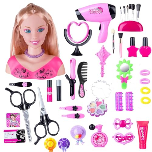KonHaovF Kids Doll Head for Hair Styling and Make Up for Girls, Head Styling Doll with Hair Makeup Practice, Hair Styling Toys with Hair Dryer, Accessories (Pink)