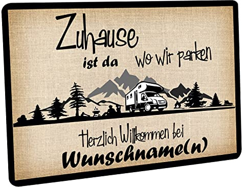 Crealuxe Fussmatte Zuhause ist wo wir parken - Wohnmobil 60x40cm | Mit Wunschtext/Wunschname, Personalisiert, Rutschfest, Fußabtreter für Camper, Camping Geschenke