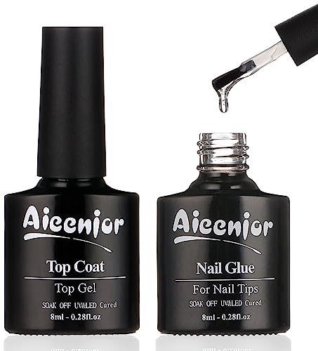 Aieenjor Nagelkleber und Überlack Set 4in1 Nail Glue Gel Top Coat 2 * 8Ml for Acrylic Nails Super Shiny Fleck Resistant Langanhaltend UV Nagelkleber Für Kunstnägel Salon Nail Art DIY