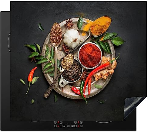 KitchenYeah© Herdabdeckplatte Einteilig Küche Ceranfeld Abdeckplatte | 60x52 cm - Cerankochfeld Abdeckung Induktionskochfeld Schutzmatte Gewürze - Paprika - Löffel - Kräuter - Gemüse