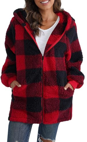 ABINGOO Damen Teddy Fleece Mantel Kariert Warm Winterjacke Kapuzenjacke Flauschig Plüschjacke Reißverschluss Sweatshirt mit Kapuze und Taschen(Rot,M)