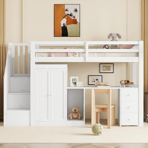 Merax 90 x 200cm Hochbett mit Kleiderschrank und Treppe, Schreibtisch und Schubladen und Schrank in einem, weiß
