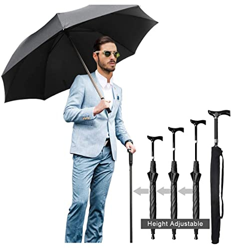 Wrzbest Walking Umbrella and Cane Kombination - Schwarz Höhenverstellbarer Stockschirm, Schirmstock, perfekt für Golf, Klettern und Wandern - Ideal, leicht und winddicht
