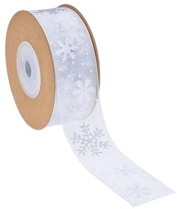 Yurosiay Schneeflocken Organzaband 10 Yard×25mm Weihnachten Organzaband Glitzer Organza Geschenkband Schleifenband Weihnachtsbänder Weihnachtsbaum Band Tüllband Schimmer Organza Dekoband Weiße