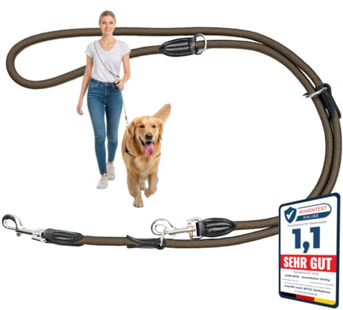 Leisegrün Hundeleine Derby - 2m Länge, Robustes Nylon, Flexibel Verstellbar für mittelgroße bis große Hunde - Elegantes Braun