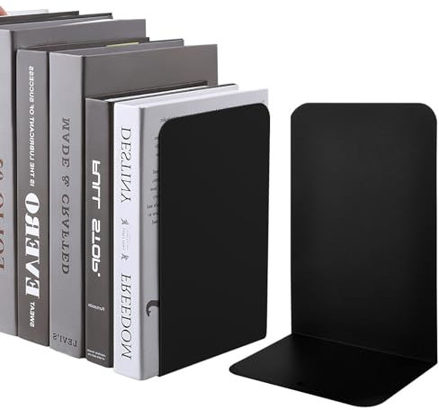 TNSLAND Lot de 4 serre-livres en métal - 14 x 10 x 20 cm - Porte-livres pour enfants, livres, bureau, étagère - Métal élégant et robuste au design élégant - N'abîme pas les meubles - Noir