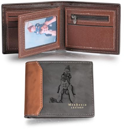 MunkiMix Personalisierte Foto Leder Bifold Geldbörsen für Männer Benutzerdefinierte Gravierte Skizze Bild/Text Herren Geldbörse Geschenke für Ihn Vater Freund Ehemann Sohn (B3-2 Texte, Schwarz)