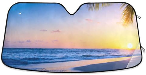 ZRWLUCKY Windschutzscheiben-Sonnenschutz, Motiv: tropisches Meer und Sonnenuntergang, blau, rosa, Auto-Innenzubehör, faltbare Sonnenblende, UV-Schutz, für Auto, Van, SUV, Jeep, 139,7 x 70,1 cm