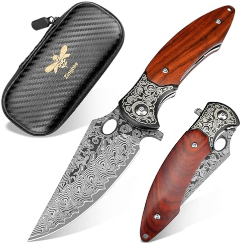 Zingbee Damast Taschenmesser,Einhandmesser,VG10 Damaststahl,Sandelholzgriff | Scharfes Klappmesser mit Taschenclip, hochwertiges Damastmesser mit VG10-Klinge, leicht zu tragen, Geschenk für Wandern, Jagd