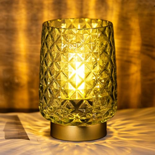 MJ PREMIER Battery Operated Lamp, Small Cordless Lamp with Timer, Green | Glass Lampshade, Small Table Lamps for Area No Plug, Decorative Led Light for Bedroom Living Room Shelf