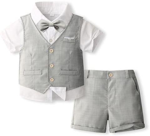 Volunboy 4-Pieces Baby Boys Summer Wedding Suit, Toddler Formal Dress Clothes Outfit, Short Sleeve Vest, Shorts, Shirt Set