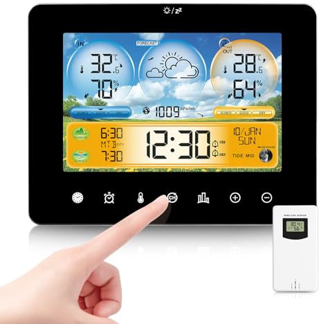 Estacion Meteorologica con Botón Táctil Estación Meteorológica Interior Exterior con Temperatura, Humedad, Barométrica, Predicción, Fase lunar, Despertador para Oficina en Casa
