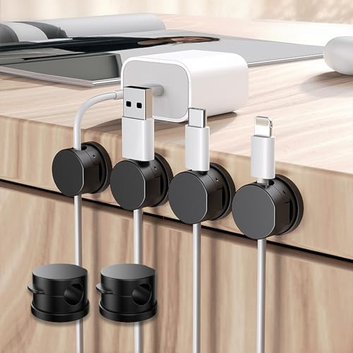WALLFID Drehbare Basis-Magnetkabelhalterklammern, Magnetverschluss-Funktions Kabelhalter, Selbstklebende Schreibtisch-Kabelverwaltung für USB-Ladekabel, Stromkabel, Wand, PC, Büro (Schwarz 6 Pack)