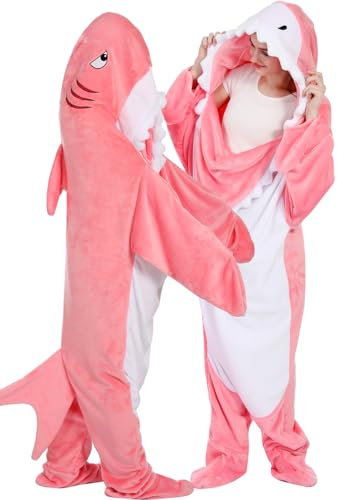 BEVITA Hai-Decke mit Kapuze für Damen, Dinosaurier, tragbare Decke, Snuggie-Geschenke für Erwachsene, Einteiler, PInk Shark, XX-Large