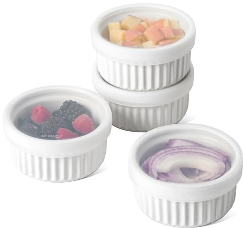 LE TAUCI Ramekins with Silicone Lids, 8 OZ Ceramic Soufflé Dishes, Ramekin Bowls for Crème Brûlée, Dessert, Dips, Oven & Microwave Safe, Set of 4, White
