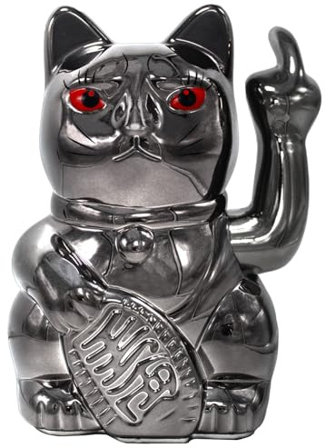 ANGRY CAT - Lucky Cat - Funny Waving Cat - Japanese Waving Cat with Stink Finger - Decorative Wobble Figure Cat - Waving Arm with Middle Finger - 15 cm, Black Shiny