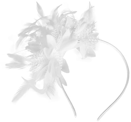 Bailinks Ladies Feather Fascinator Headband with Mesh and Flowers, Perfect for Weddings, Cocktail Parties, and Race Day Events - Elegant Hair Accessory for Girls and Women(White)