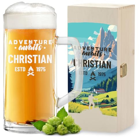 polar-effekt Chope à bière personnalisée de 0,5 l + boîte en bois pour homme - Idée de cadeau d'anniversaire personnalisée - Verre à bière lavable au lave-vaisselle pour pils et entrepôts