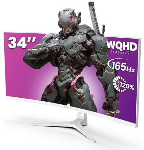 CRUA 34'' White Gaming Monitor 165Hz/144Hz 21:9 1500R Ultrawide Curved Monitor, WQHD 3440X1440 120%sRGB VA Panel Computer Monitor Support Freesync, PIP/PBP, HDMI2.0 & DP1.4, Wall Mount&Tilt Adjustable
