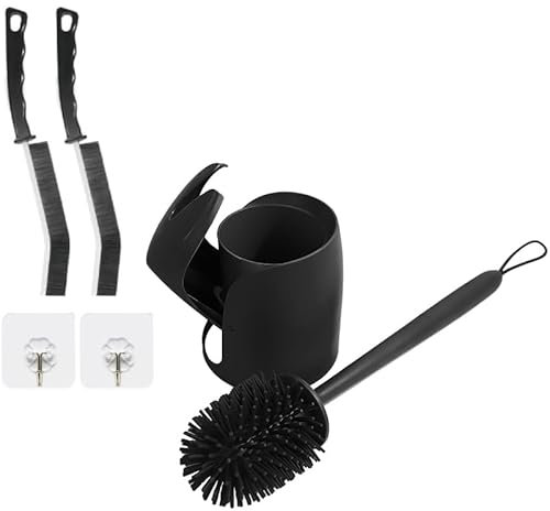 Escobilla de baño con soporte de cierre automático, incluye 2 cepillos de limpieza para juntas y esquinas con ganchos