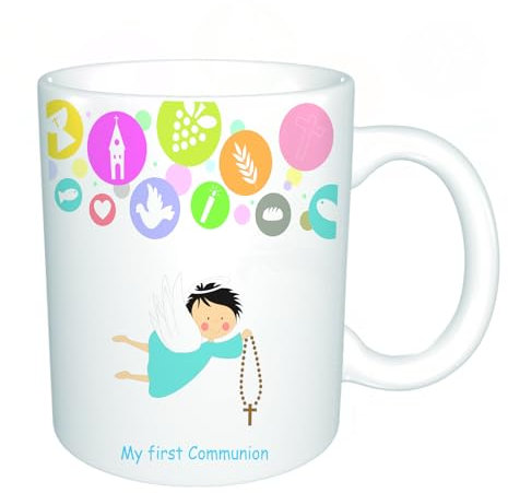 YFHJV Grosse Kaffeetasse - Bürotasse - Tasse Keramik Kaffeetassen Große 11oz - teetasse groß - cappuccino tassen - Taufe, Junge, Erstkommunion, Schrift, Schild, Weintrauben, Kelch, Kerze, Brot