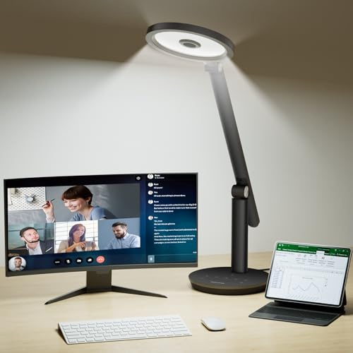 Honeywell Desk Lamp, H6 Sunturalux Eye-Caring LED Desk Light, 800LM Dimmable Table Lamp with Timer, Touch Control Tall Desk Reading Light, Rechargeable LED Lamp for Circle Webcam, Study, Bedroom