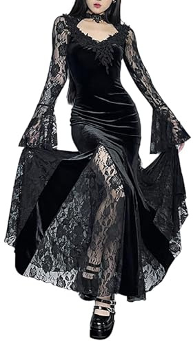 DINGJIUYAN Women Gothic Velvet Maxi Dress Vintage Long Sleeve Flare Sleeve Velour Lace Long Dresses Halloween Costumes