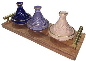 Lot de 3 Mini Tajines avec Plateau – Artisanat Marocain pour Condiments et Sauces (Or 12 Carats/MODELE 01)