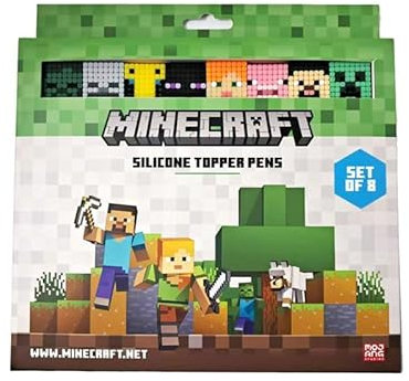 Puckator Minecraft Kugelschreiber mit feiner Spitze und Silikonaufsatz, 8-teiliges Set, cooles, ausgefallenes Set mit Stiften in Schwarz, für Büro, Schreiben, Uni, Schulbedarf, kein Verschmieren