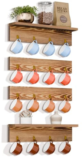 TRSPCWR Coffee Mug Rack Wall Mounted - Coffee Mug Holder with 16 Hooks and Display Shelf, 4 Tier Rustic Wood Bar Cup Organizer for Home Kitchen Display and Collection
