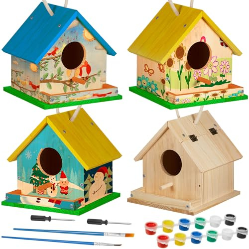 Liliful Vogelhaus-Set aus Holz für Erwachsene, unlackierte Vogelhäuser aus Holz mit Farben und Pinseln, Vbs 2025, Vogelfutterstation, Bastelset für Jungen oder Mädchen, Klassenzimmer, Aktivität und