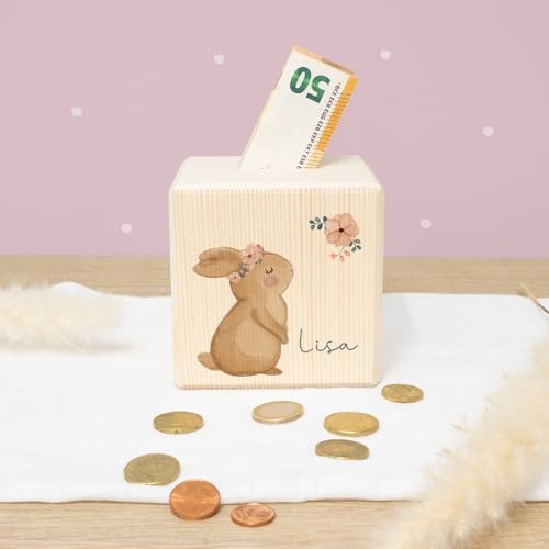 Spardose Personalisiert mit Namen aus Holz - 10x10cm Holzspardose - Geschenk zur Geburt, Geburtstag, Einschulung, Taufe - Sparschwein Aquarell Motiv für Jungen & Mädchen hellomini (Hase)