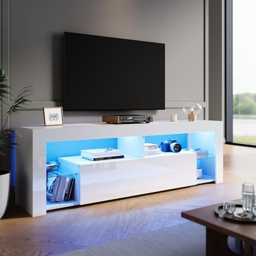 ZANOFIRA TV Stand Cabinet with 16 RGB LED Lights, High Gloss White TV Stand with Large Storage, 1 Drawer & 2 Glass Shelves for Living Room, Bedroom 1600 x 350 x 505mm