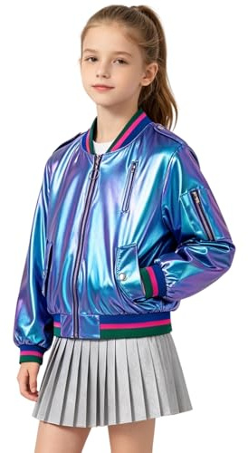 LOLANTA Chaqueta Bomber Azul-Violeta para Niñas, Abrigo Brillante y Metálico Corto con Cremallera y Bolsillos, Prenda Ligera para Niñas (Azul-Violeta, 6-7 años, Talla 130)