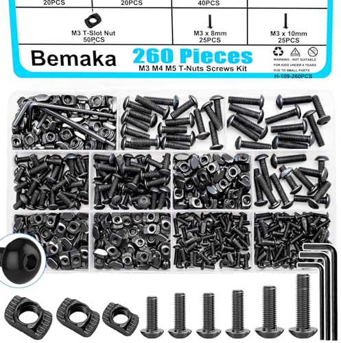 Bemaka 260PCS M3 M4 M5 T Slot Nut Screws Kit, T Nuts and Bolts Assortment Kit for 2020 Series Aluminum Profile, Mlok Screws Nuts Replacement