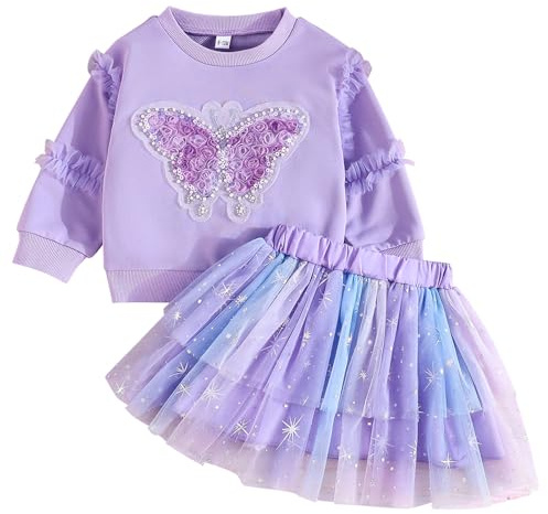 Kunyeah 2 st sweatshirt för babyflickor tutu klänning småbarn fjäril pullover topp med tyllkjol söt långärmad kläder outfit, Lila, 4-5 År