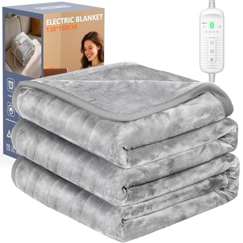 Electric Blanket with Timer and 9 Heat Levels, 180 x 130 cm Heated Throw with Auto Shut-Off,Ultra Soft Reversible Flannel Fabric, Blanket Electric Throw with Detachable Controller,Home & Office Use