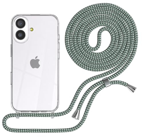 EAZY CASE Handykette kompatibel mit iPhone 17 Handyhülle mit Umhängeband, Handykordel Schutzhülle, Silikonhülle, Hülle mit Band, Stylische Kette für Smartphones, Hell Grün Camouflage - Clips Silber