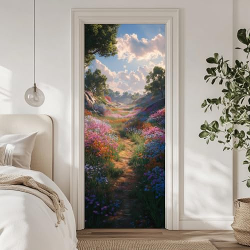 arricraft 2 Sheets Self-Adhesive Door Sticker, 80cmx200cm/31.5x78.7inch Wildflower-Lined Path Pattern Door Murals Stickers PVC Removable Wallpaper Decoration for Bedrooms ​Living Room