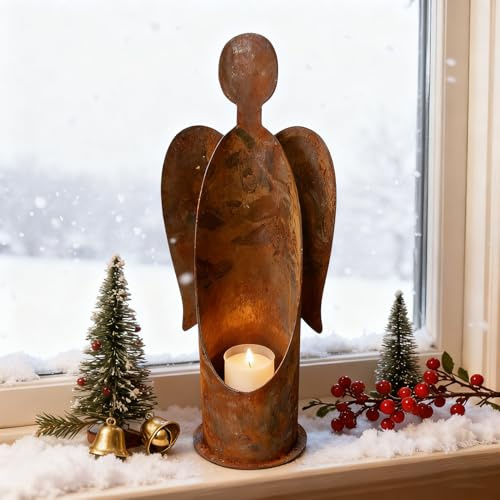 Weihnachtshäuser Kerzenhalter, Weihnachtsdeko Lichthaus Teelichthalter Weihnachten Deko Weihnachtsdorf Metall Deko Häuser Weihnachten Engel Rost Kerzenhalter Laterne für Weihnachtsdeko Tisch (Engel)