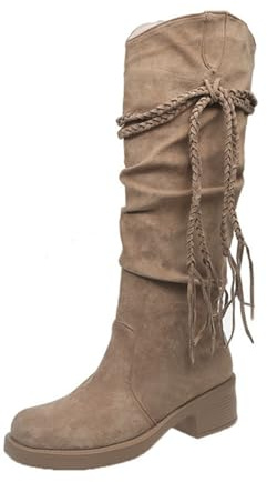 Generiska cowboystövlar dam medium hög, västerländska stövlar dam med klack breda stövlar retro riddarstövlar slouchy långa stövlar casual slip-kängor enfärgade damstövlar läderstövlar, Guld, 42 EU
