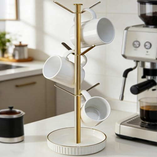 Premium Ceramic Mug Holder, Extra-Large and Stable Design Fits 20oz Mugs or Cups, Built-in Storage for Coffee Bar, Easy to Clean, Ideal for Home or Gift, Golden Glow