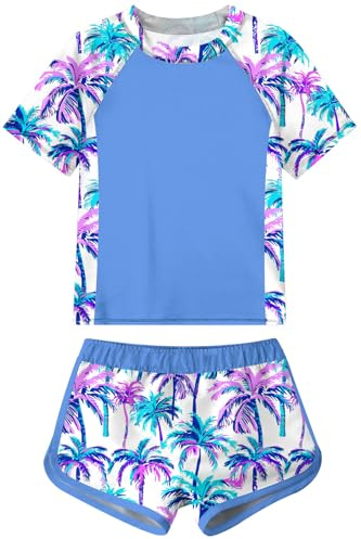 Fanient Swimming Costume for Girls Sun Protection UPF 50+ Summer Beach Swim Set Kids Hawaii Printed Rash Vest Blue 13-14 Years,14T