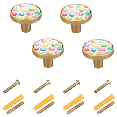 Maunzc Colored Watercolor Easter Eggs Cabinet Knobs 4-Pack Round Drawer Pulls 1-1/4 Inch Hardware Kitchen Knobs for Cabinets, Dressers, and Furniture