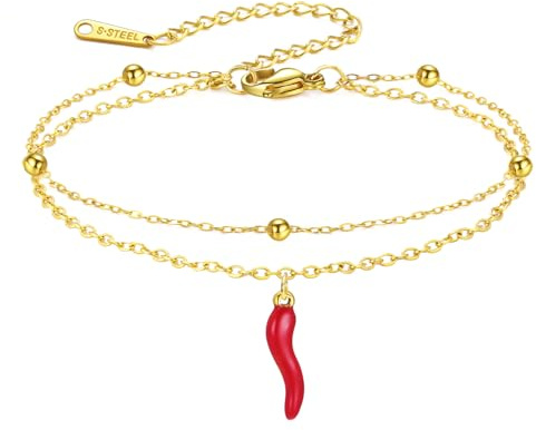 Dreamtimes Bracelet italien en corne pour femme, bracelets « piment rouge »bracelet de protection contre le mauvais œil « Cornicello »en acier inoxydable bijoux italiens