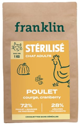 FRANKLIN – Croquette Chat Stérilisé – sans Céréales – 63% Poulet – 1 kg | Viande Fraiche – Riche en Protéines – Faible en Matière Grasse