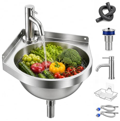 304 Stainless Steel Corner Sink, Wall Mounted Triangular Utility Sink with Hot & Cold Mixer Tap, Compact Hand Wash Basin for Bathroom, Small Kitchen, Campervan, RV, Boat, Garage, Outdoor, 21*21*15cm