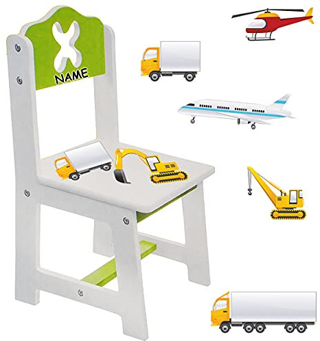 alles-meine.de GmbH Stuhl für Kinder - aus sehr stabilen Holz - Bagger/Traktor & Auto - weiß/grün - incl. Name - Kinderstuhl - Beistellstuhl - Kindermöbel für Jungen & Mä..