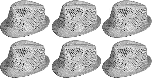 6 sombreros de lentejuelas en rojo, negro, plata, oro, morado, verde o rosa, accesorio de disfraz de Fedora sombreros de gángster a granel de los años 20 para hombres y mujeres (plata)